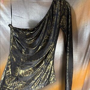 Shimmery Gold lame super slinky Black and Gold One-Shoulder‎ NWT E1